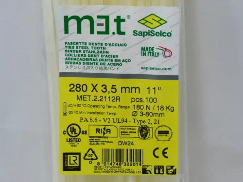 Kabelbinder 280x3,5 mm mit Edelstahlzunge - extra stark, natur (100 Stk./Pkg.) SapiSelco [MET.2.2112R]