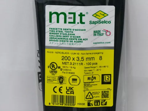 Kabelbinder 200x3,5 mm mit Edelstahlzunge - extra stark, schwarz (100 Stk./Pkg.) SapiSelco [MET.3.2111R]