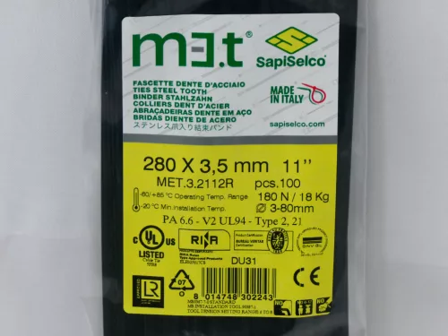 Kabelbinder 280x3,5 mm mit Edelstahlzunge - extra stark, schwarz (100 Stk./Pkg.) SapiSelco [MET.3.2112R]