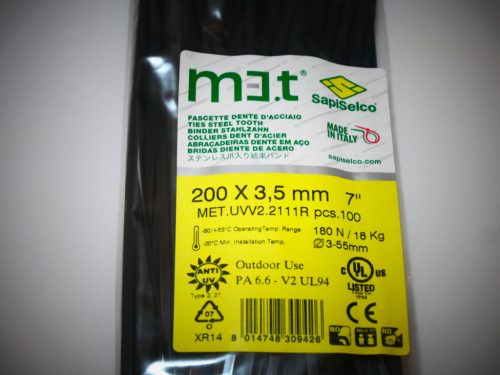 UV-resistant cable tie zip tie 200x3.5 with stainless steel tooth - extra-strong for outdoor use (100 pcs/package) Type: SapiSelco M.ET [MET.UVV2.2111R]
