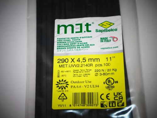 UV-beständiger Kabelbinder 290x4,5 mit Edelstahlzunge - extra stark für den Außenbereich (100 Stk./Packung) Typ: SapiSelco M.ET [MET.UVV2.2111R]