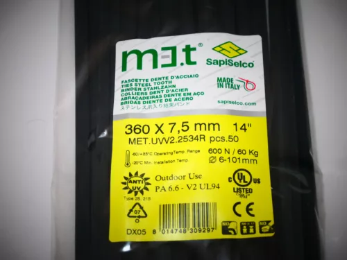UV-beständiger Kabelbinder 360x7,5 mit Edelstahlzunge - extra stark für den Außenbereich (50 Stk./Packung) SapiSelco [MET.UVV2.2534R]