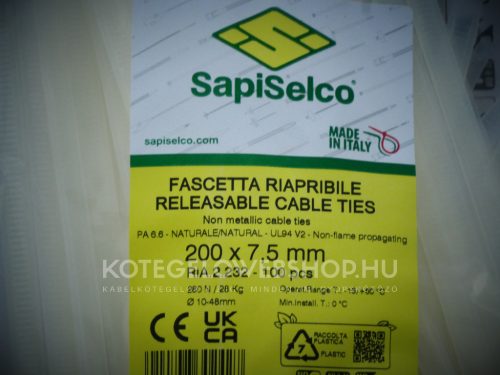 Re-openable natural cable tie 200x7.5 - releasable zip tie (100 pcs/package) SapiSelco Click Tie [RIA.2.232R]
