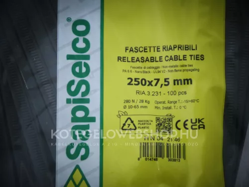Lösbarer Kabelbinder schwarz 250x7,5 - wiederlösbar (100 Stk./Packung) SapiSelco Click Tie [RIA.3.231R]