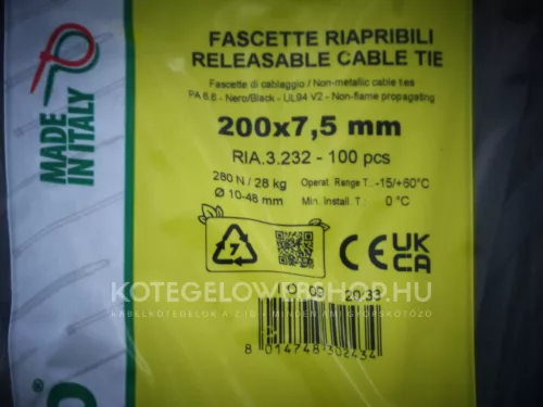 200x7,5 FEKETE nyitható - oldható gyorskötöző - kábelkötegelő  (100db/csomag) Típus: SapiSelco RIA