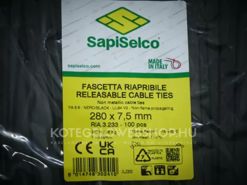 Lösbarer Kabelbinder schwarz 280x7,5 - wiederlösbar (100 Stk./Packung) SapiSelco Click Tie [RIA.3.233R]