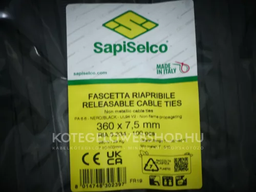 360x7,5 FEKETE nyitható - oldható gyorskötöző - kábelkötegelő (100db/csomag) Típus: SapiSelco RIA
