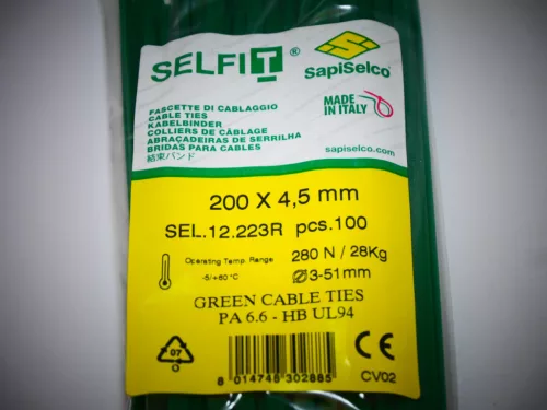 Green cable tie 200x4.5 mm SapiSelco - premium quality (1 pack / 100 pcs) [SEL.12.223R]