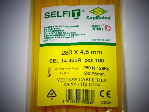 Yellow cable tie 280x4.5 mm SapiSelco - premium quality (1 pack / 100 pcs) [SEL.14.425R]