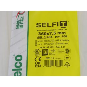SapiSelco SELFIT cable tie 360x7.5 mm – natural color, pack of 100, industrial quality