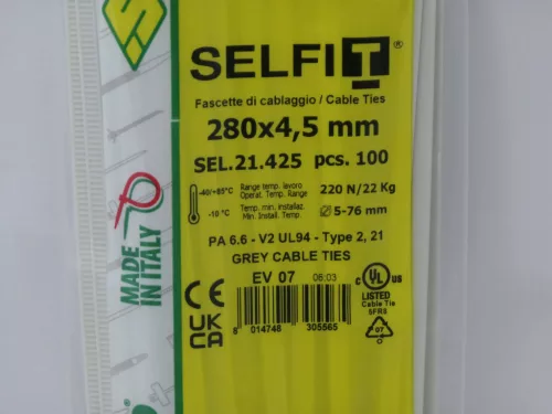 Grey cable tie 280x4.5 mm SapiSelco - premium quality (1 pack / 100 pcs) [SEL.21.425R]