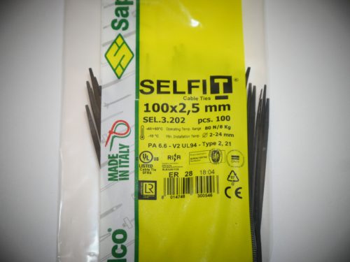 Gyorskötöző - Kábelkötegelő 100x2,5 Fekete ERŐS, tartós SapiSelco SELFIT iparilag is minősített kötegelő 100 db/csomag [SEL.3.202]