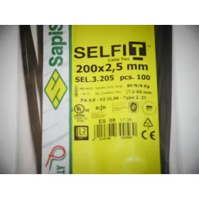 SapiSelco SELFIT Kabelbinder 200x2,5 mm – schwarze Farbe, Pack = 100 Stück, industrielle Qualität (SEL.3.205)