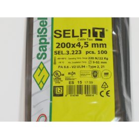 Gyorskötöző - Kábelkötegelő 200x4,5 Fekete ERŐS, tartós SapiSelco SELFIT iparilag is minősített kötegelő 100db/csomag [SEL.3.223]