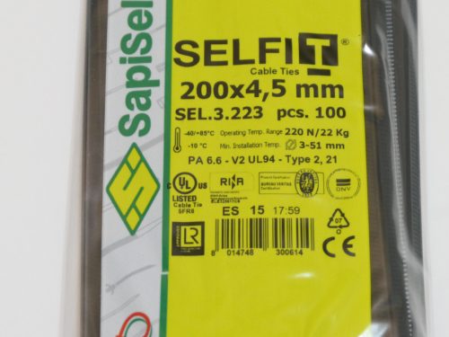 Gyorskötöző 200x4,5 Fekete ERŐS, tartós Kábelkötegelő (100db) iparilag is minősített SapiSelco SELFIT típusú kötegelő
