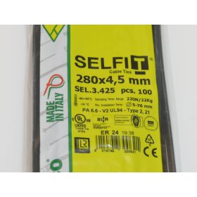 Gyorskötöző - Kábelkötegelő 280x4,5 Fekete ERŐS, tartós SapiSelco SELFIT iparilag is minősített kötegelő 100db/csomag [SEL.3.425]