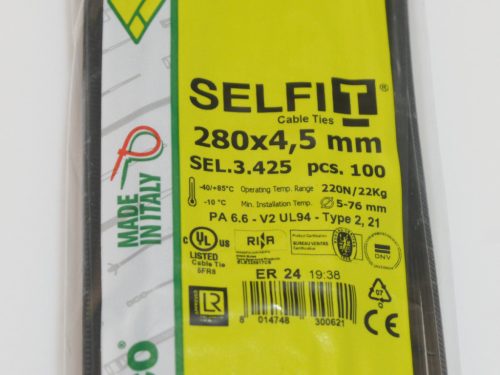 Gyorskötöző 280x4,5 Fekete ERŐS, tartós Kábelkötegelő (100db) iparilag is minősített SapiSelco SELFIT típusú kötegelő