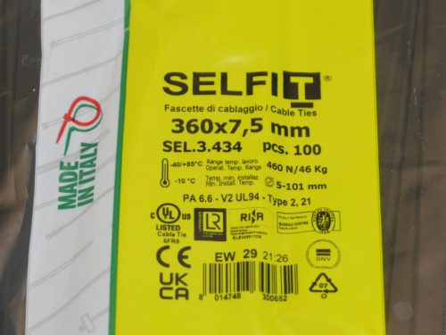 Gyorskötöző - Kábelkötegelő 360x7,5 Fekete ERŐS, tartós SapiSelco SELFIT iparilag is minősített kötegelő 100db/csomag [SEL.3.434]